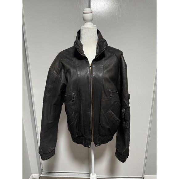 52 Weekends Other - Vintage Weekends Genuine Leather‎ Bomber Jacket Mens Size M Black Zip Up Collar